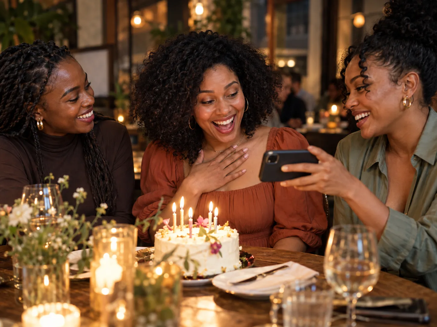 Friends sharing a surprise video at an adult birthday dinner