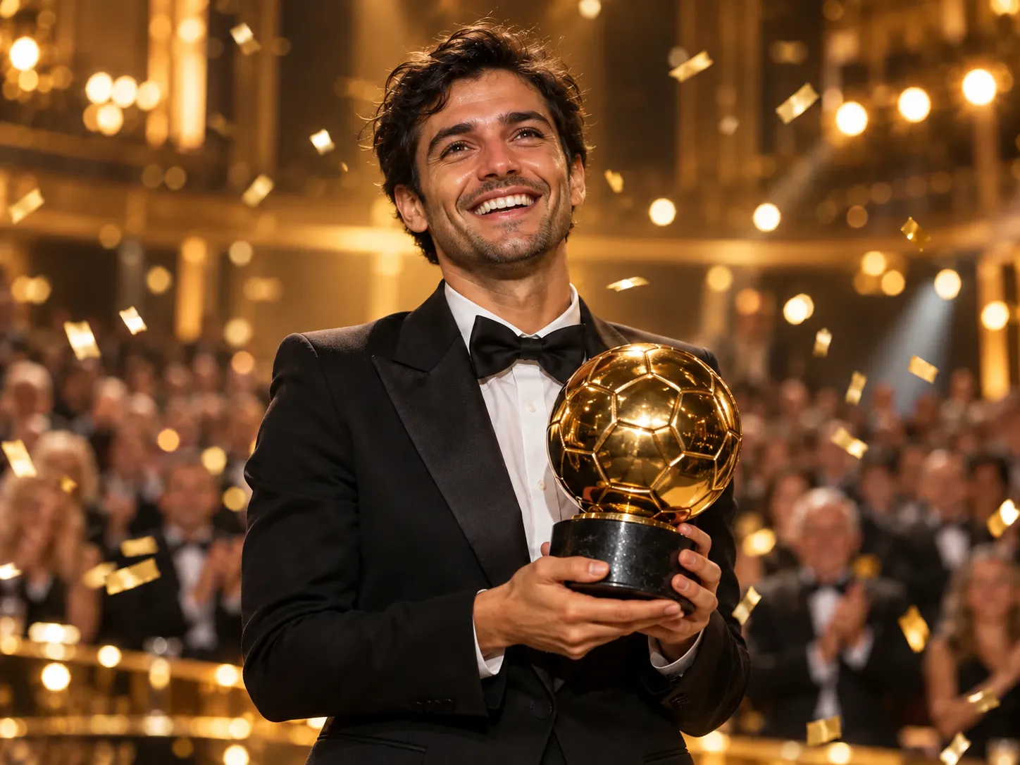 Man in a tuxedo holding a golden football trophy on an awards stage