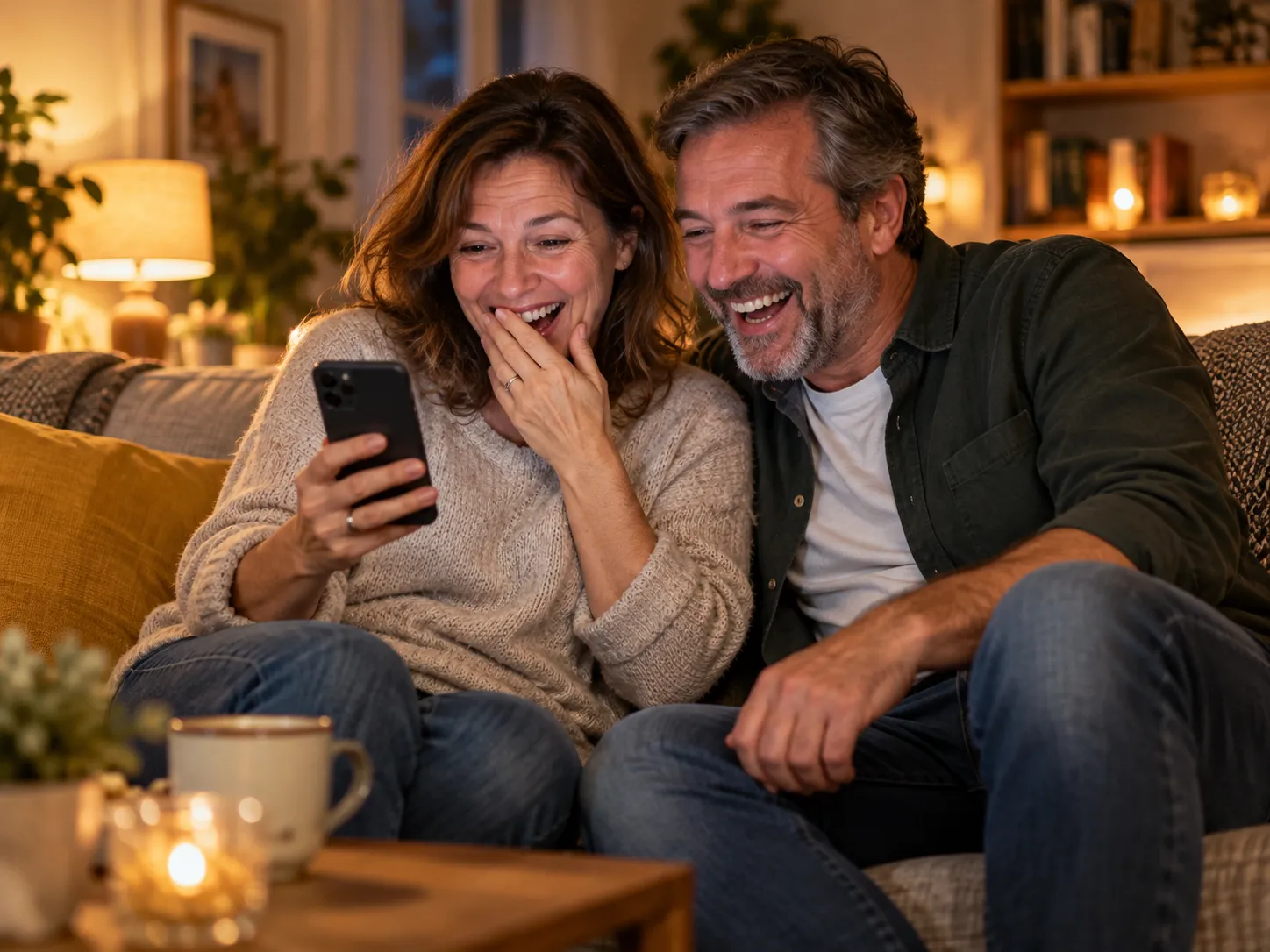 Parents laughing together while watching a video on a phone