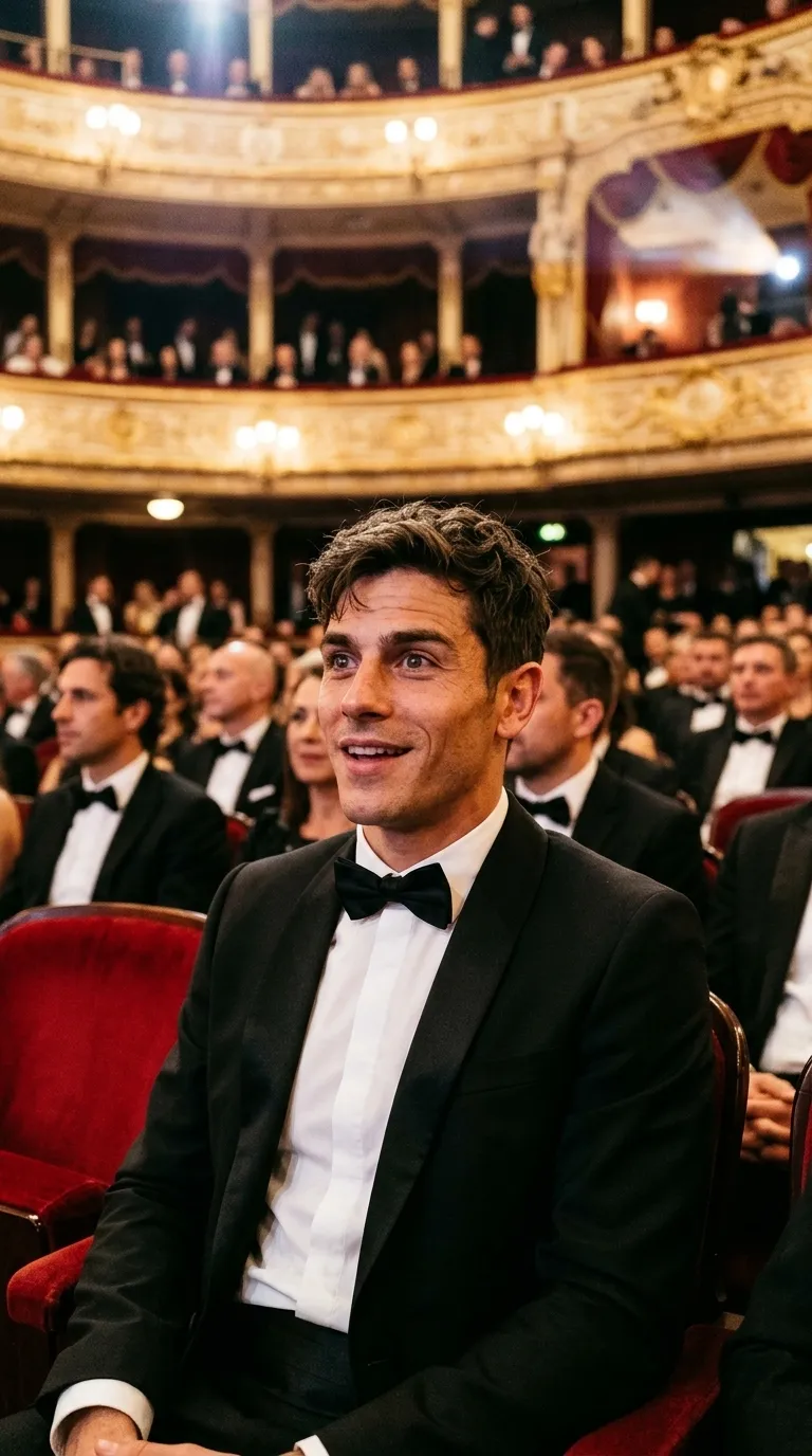 Actual sample first-frame preview showing a person seated at a gala