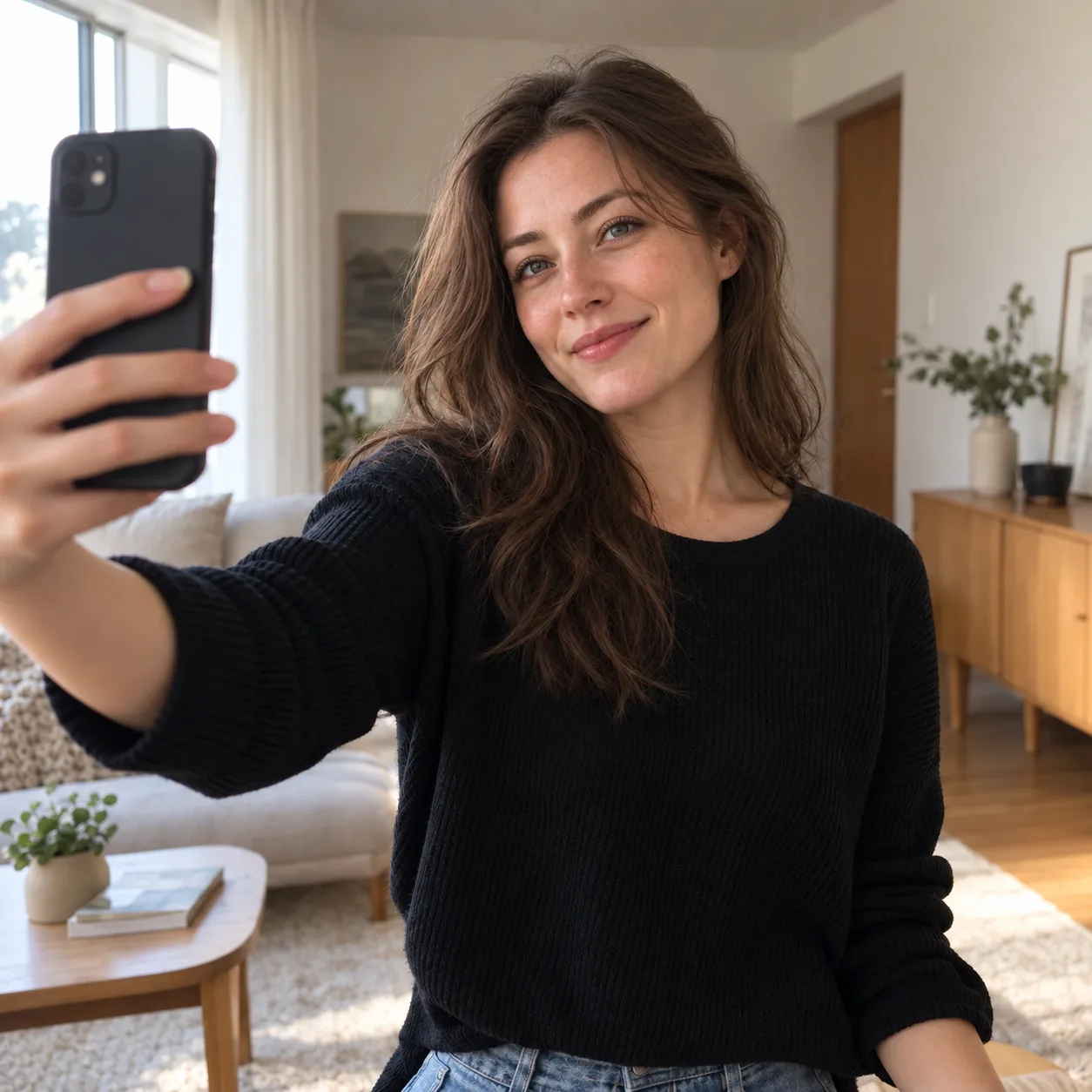Woman taking a clear front-facing selfie at home