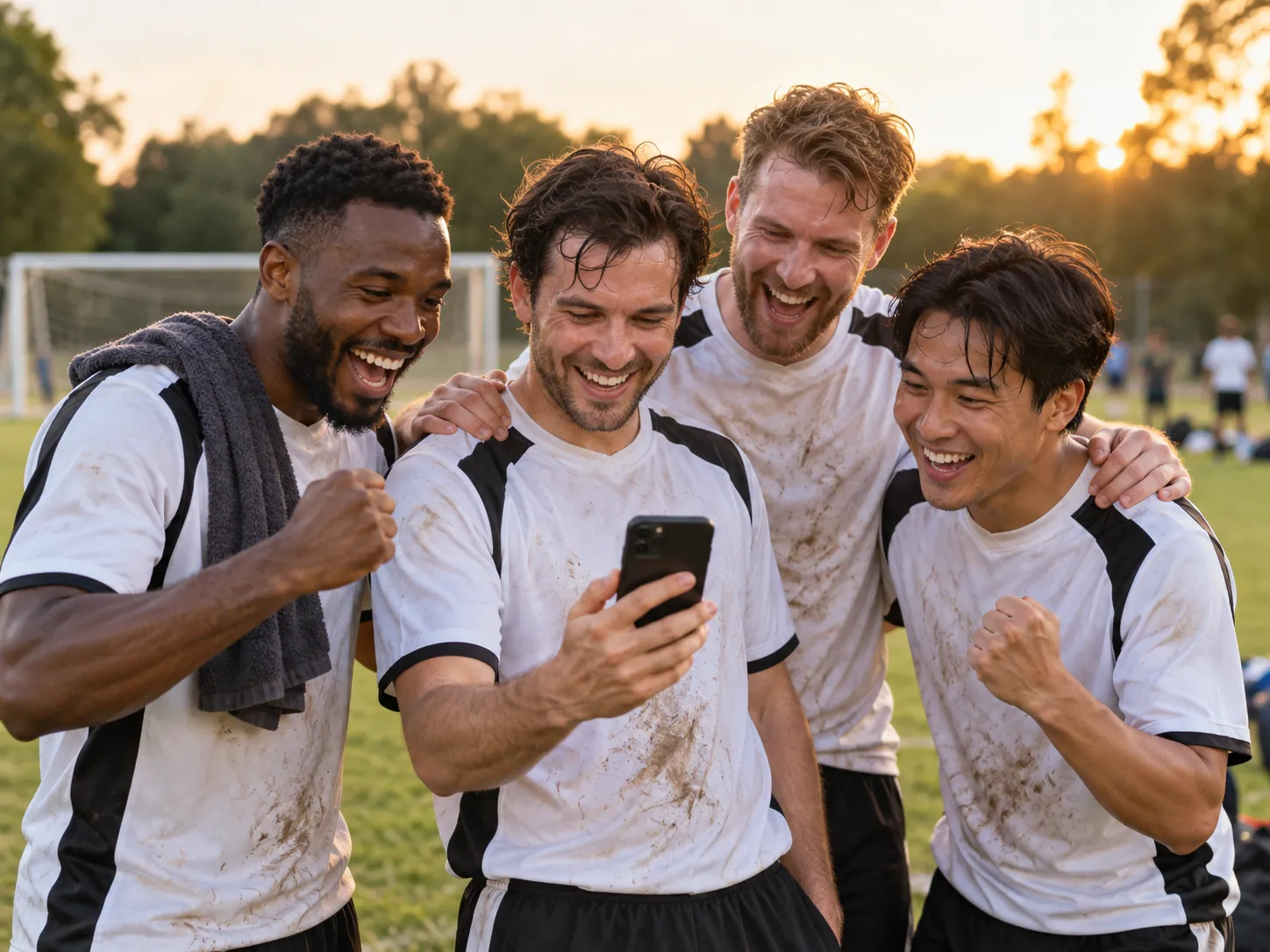 Amateur football teammates enjoying a video together after a match